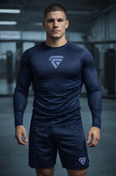 Custom rash guards and fight shorts manufactured by Fabrion