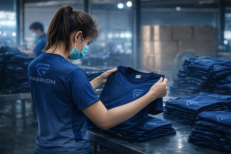 Fabrion worker inspecting custom sportswear quality in Thailand