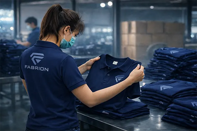 Polo shirt quality control inspection at Fabrion Thailand