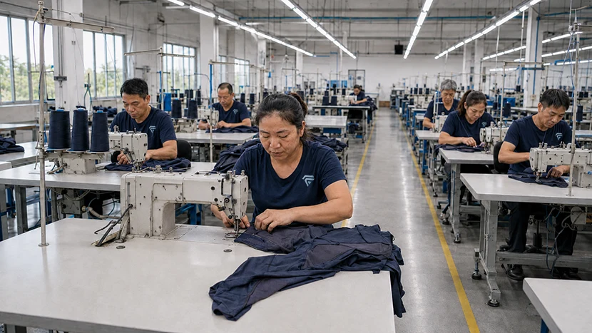 Workers sewing activewear garments at rows of industrial sewing machines