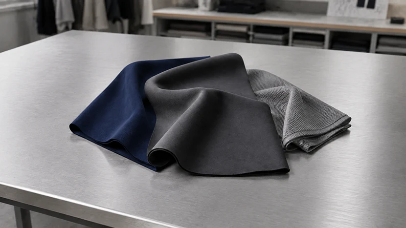 Smooth and mesh activewear fabric samples arranged on a worktable