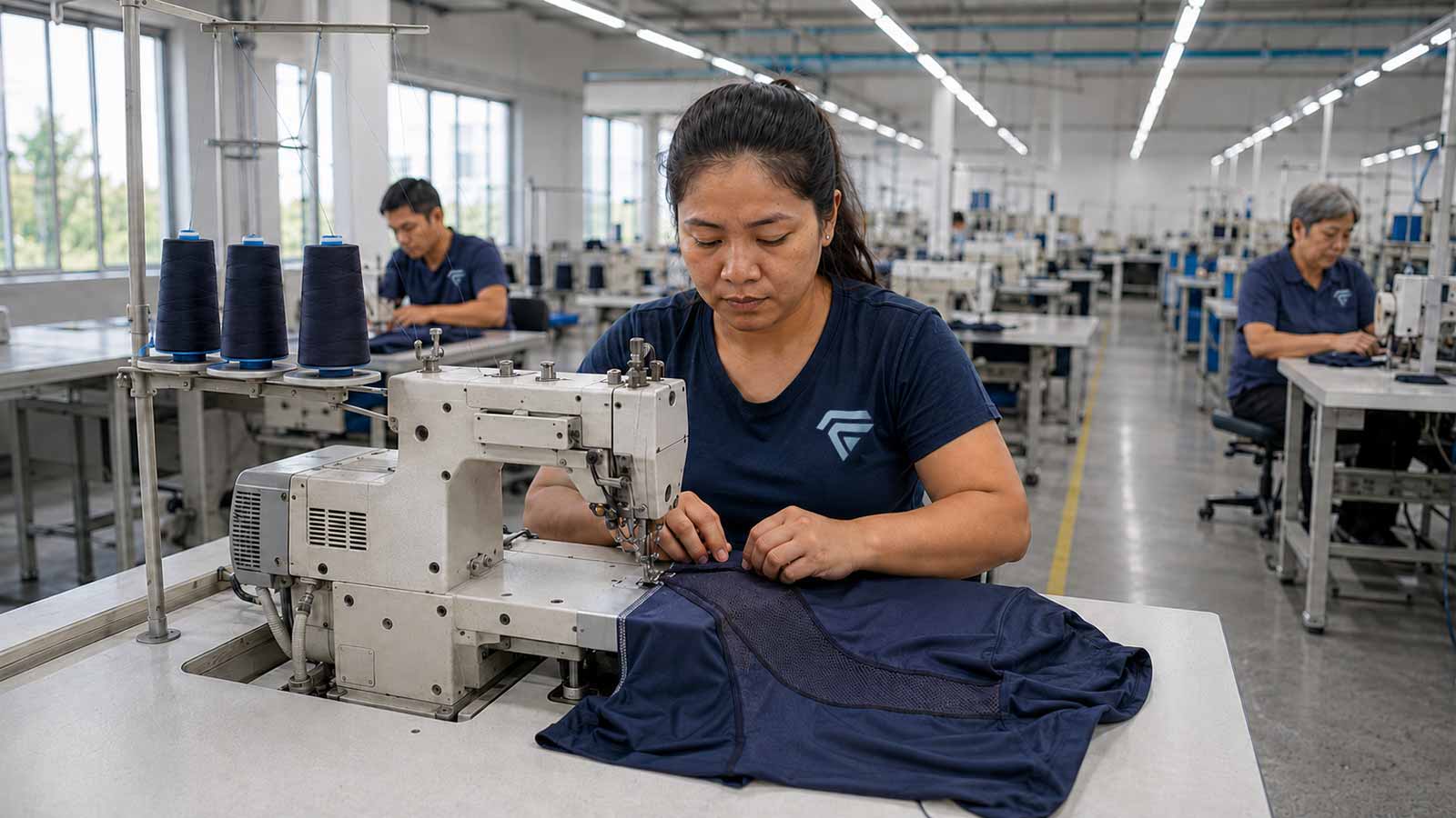Worker sewing an activewear shirt with mesh panels at an industrial sewing machine