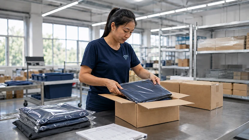 Fabrion worker placing individually bagged activewear garments into a shipping carton