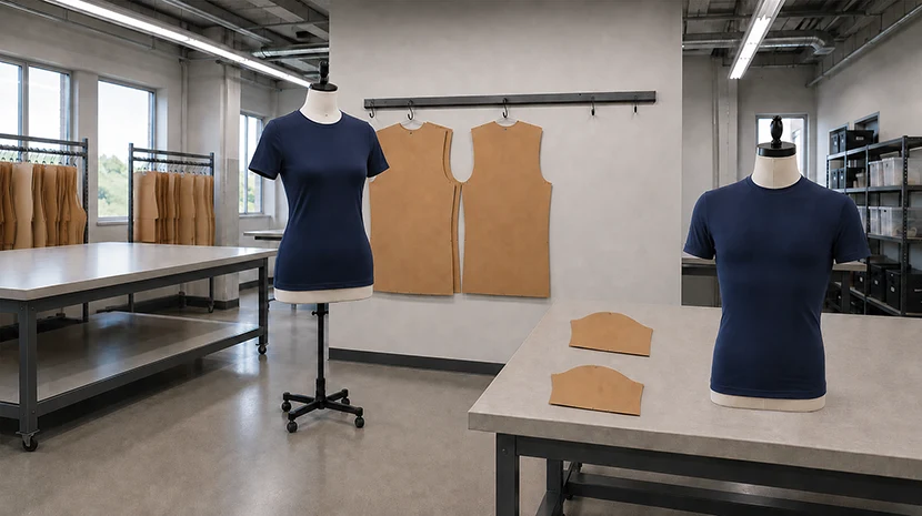 Activewear tops on dress forms beside cardboard body and sleeve patterns