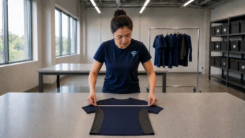 Fabrion staff measuring the chest width of an activewear shirt laid flat on a table