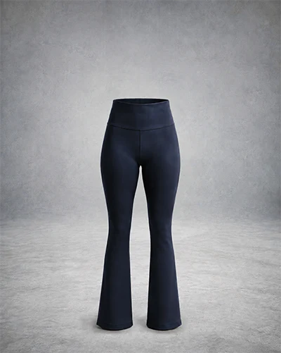 Custom high-waisted yoga pants with fitted thighs and flared legs