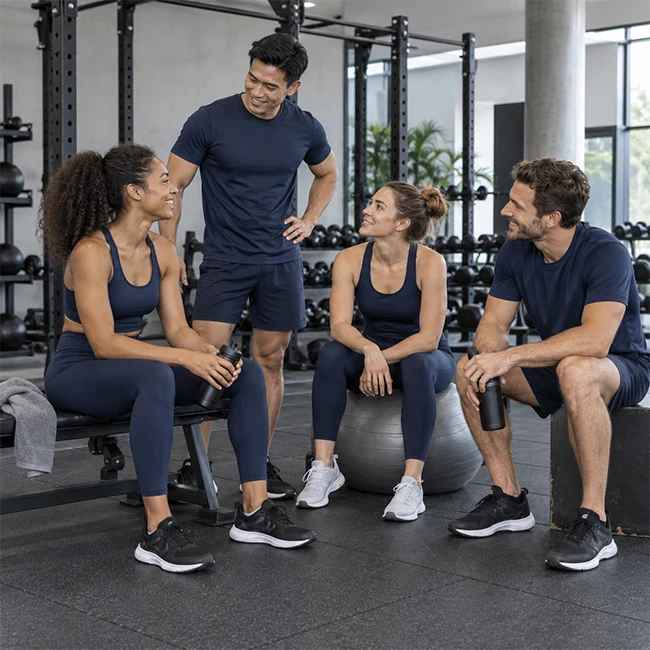 Four people wearing matching custom sportswear in a gym