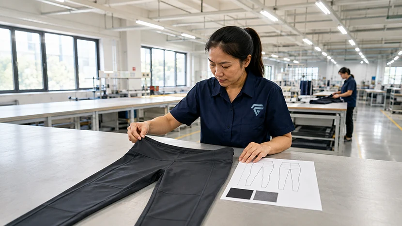 Fabrion manufacturing worker examining a leggings sample and fabric swatches