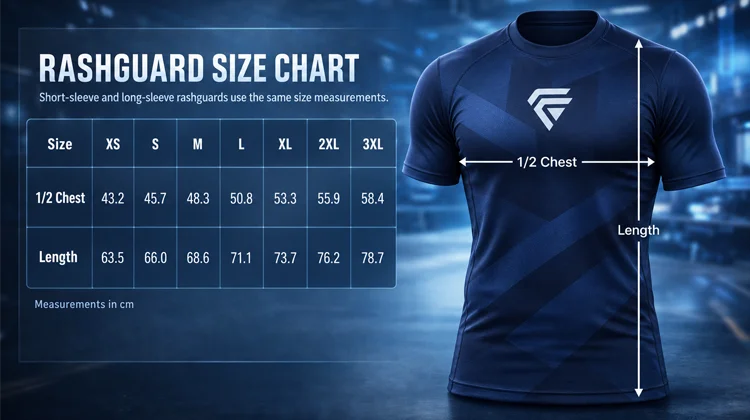 Fabrion size chart for short-sleeve and long-sleeve rashguards