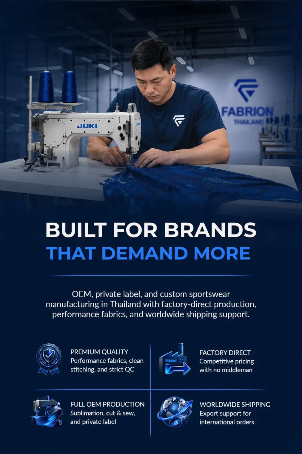 Custom sportswear manufacturing in Thailand with OEM, private label, and cut and sew production services