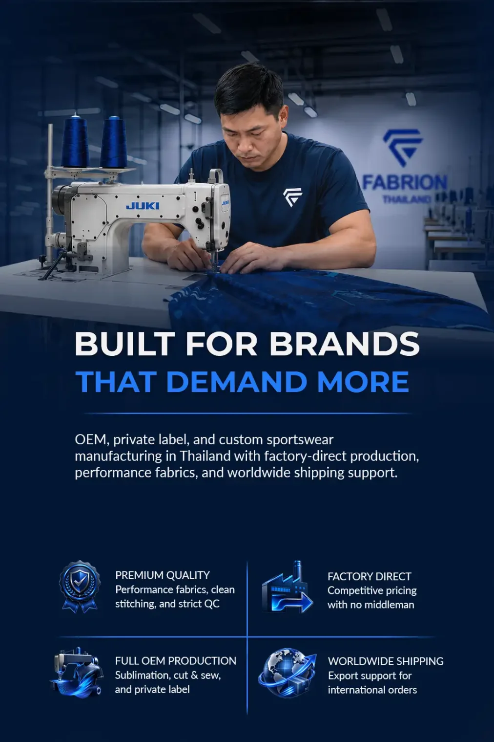 Custom sportswear manufacturing in Thailand with OEM, private label, and cut and sew production services